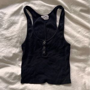 Re/Done Black Ribbed Henley Tank Top